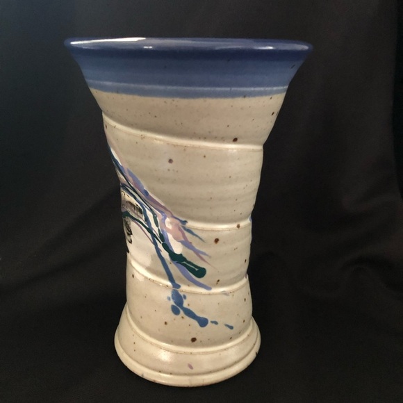 Vintage Artist Signed Cunningham Large Studio Pottery Vase - 1995 Tan Blue Mauve - Picture 4 of 13
